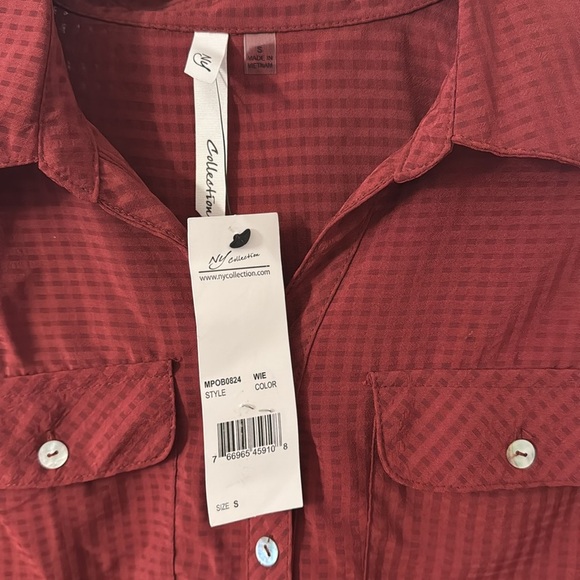 Ny Collection Petite 3/4 Sleeve Windowpane Blouse Wine NWT Size Small - Picture 10 of 14